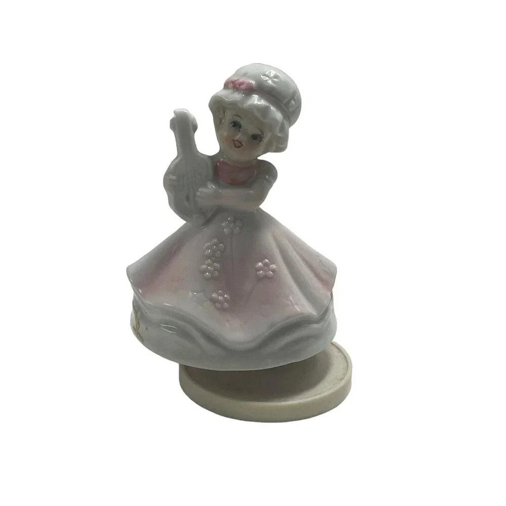 Vintage Rotating Music Box Figurine Ceramic Girl in Pink Dress 5” Working RARE